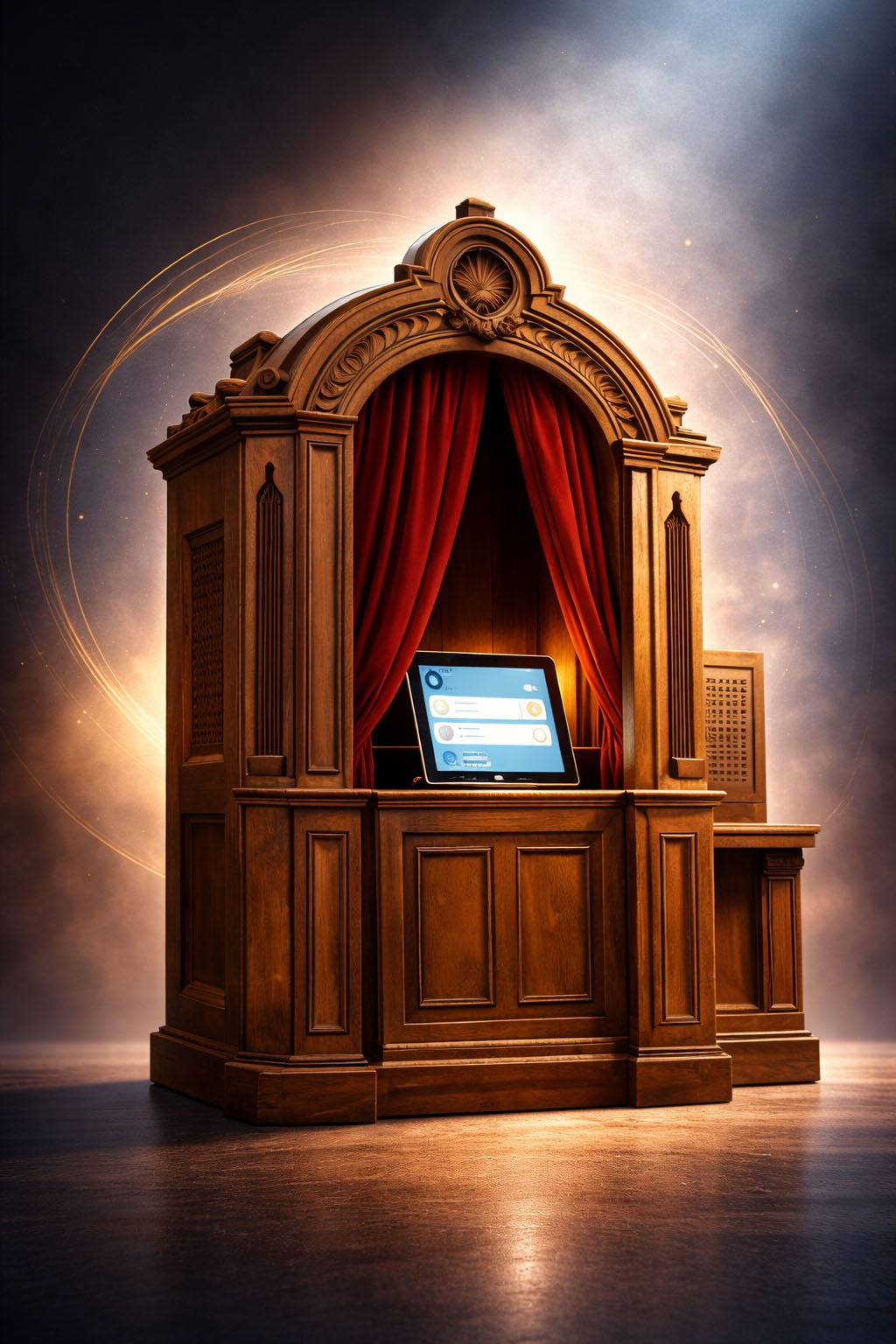 Historischer Beichtstuhl mit modernem Tablet im Innenraum